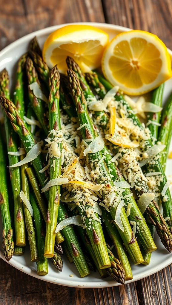 Broiled asparagus topped with Parmesan cheese and lemon wedges on a wooden table.